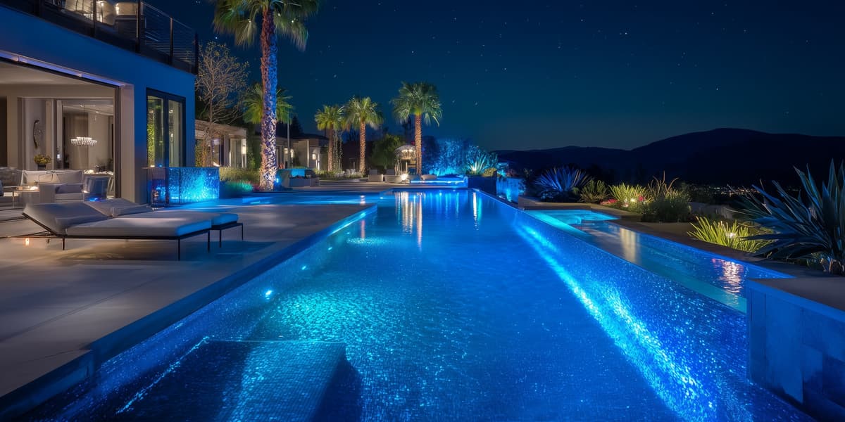 Compact Modern Pool in backyard at night