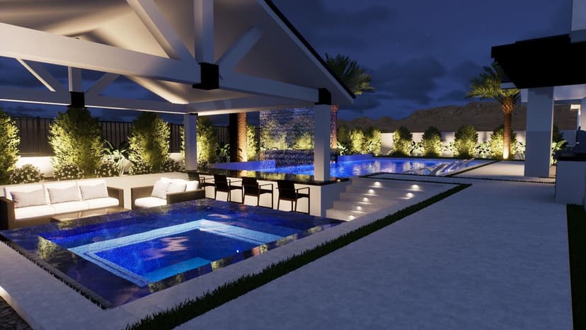 Night rendering of a modern backyard pool and raised spa