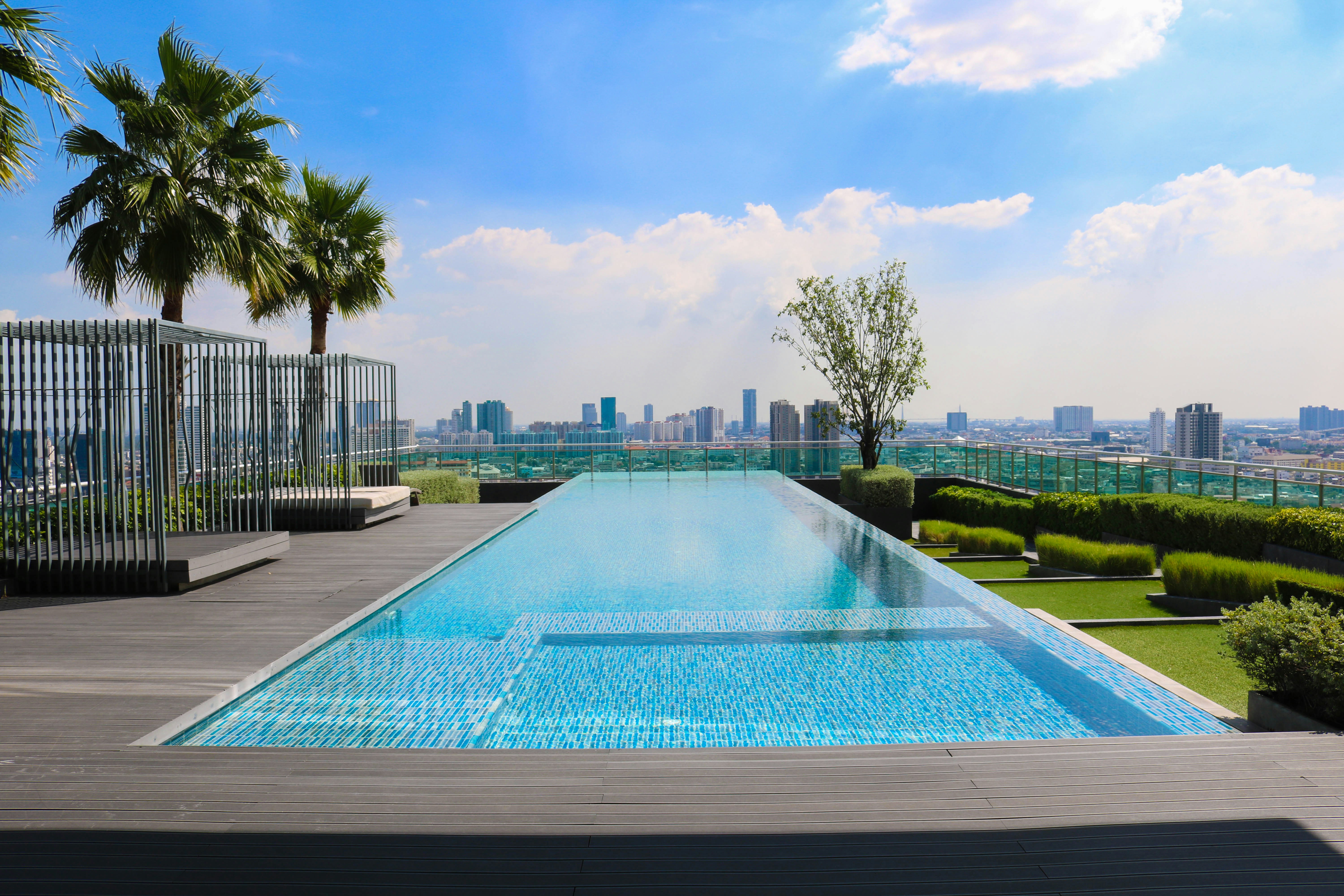 Modern entertainment area with pool and outdoor kitchen