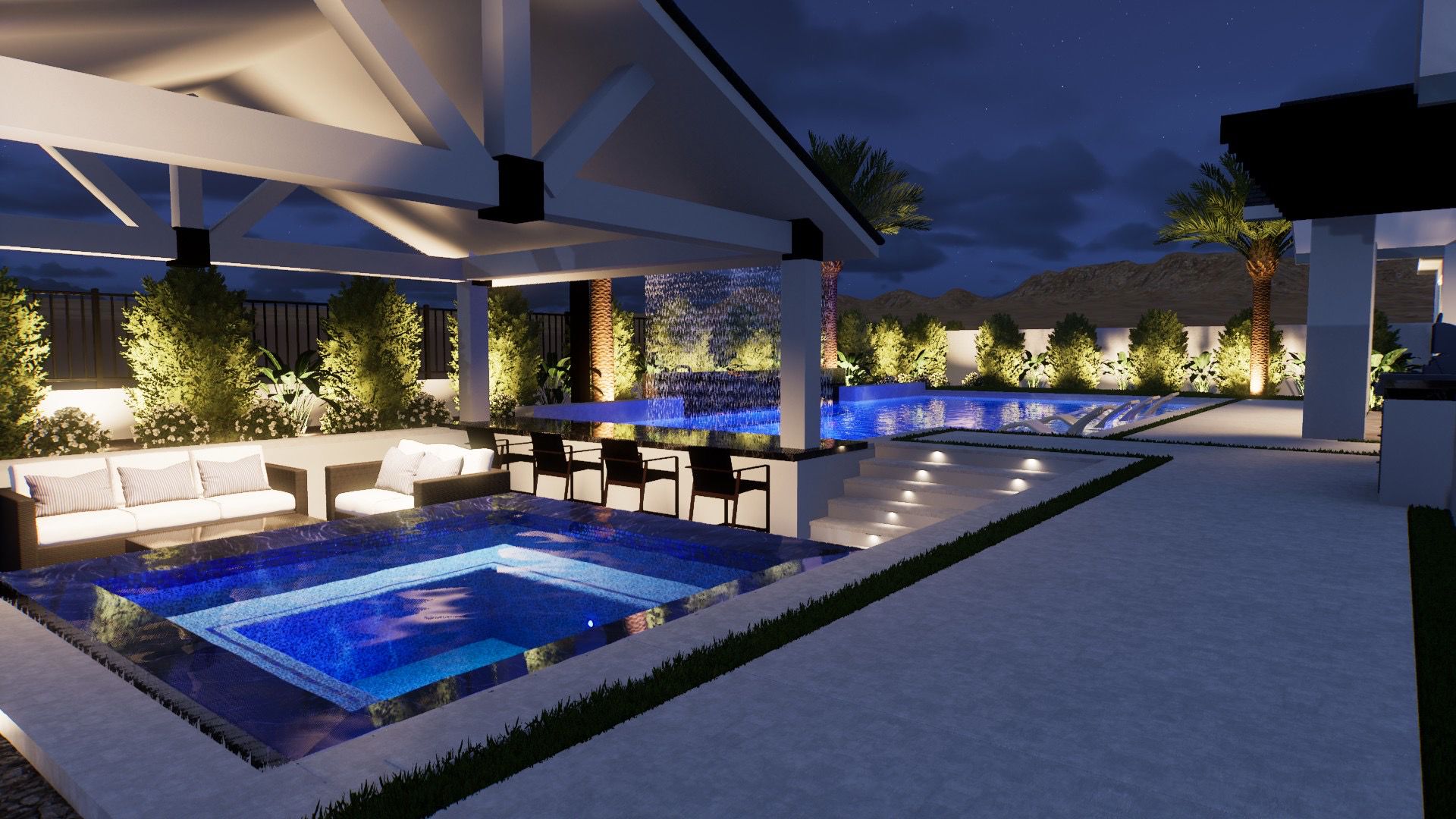 Piscina pequeña de patio trasero con diseño moderno de noche (Compact Modern Pool)